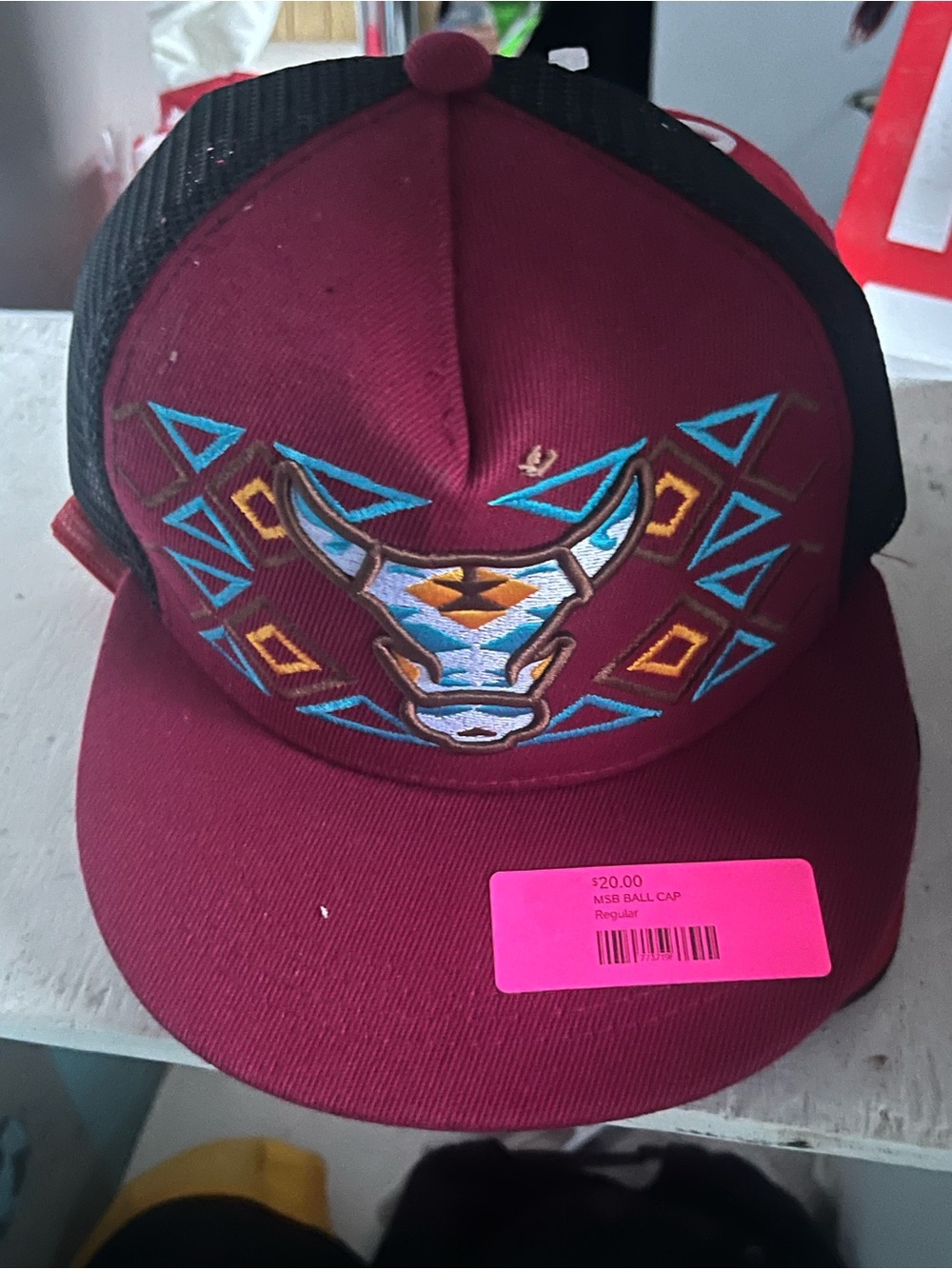 Embroidered Southwestern Bull Trucker Hat - Maroon & Black